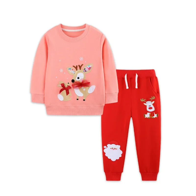 2-7T Toddler Girls 2Pcs Clothes Set 100% Cotton Christmas Deer Rabbit Sweatshirt Santa Jogger Pants Kids Casual Tracksuit