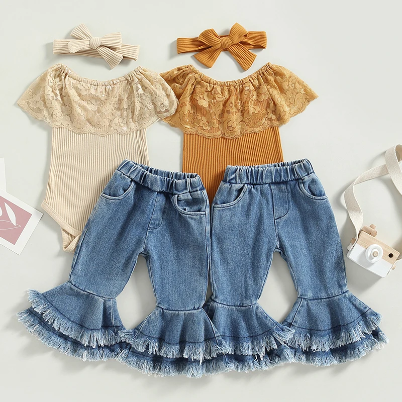 

Summer Infant Baby Girls Clothing Outfit Set Sleeveless Lace Patchwork Romper with Tasseled Flare Pants and Headband