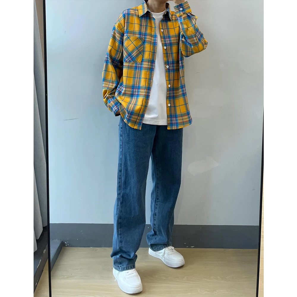 

Yellow Plaid Long Sve Men's irt American Vintage High Sensation Trendy Brand Outerwear Spring Autumn Casual Faion