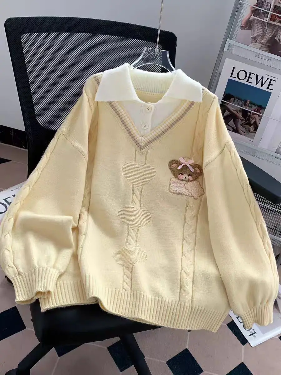 Y2k Sweet Polo Collar Faux Two-piece Knit Top Sweater Women Pullover Soft Preppy Cute Bear Embroidery Design Top Loose Jumpers
