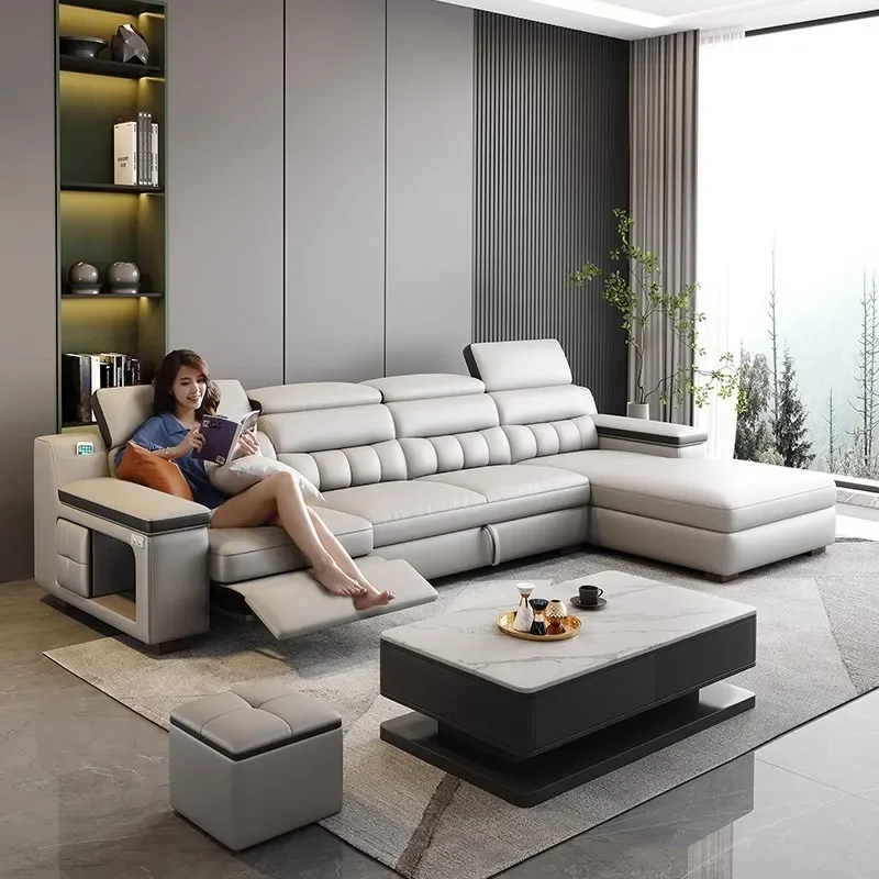 

MINGDIBAO Modern Electric Recliner Sofa Bed with Genuine Leather, Multifunctional Storage and USB, Adjustable Backrests, Stools