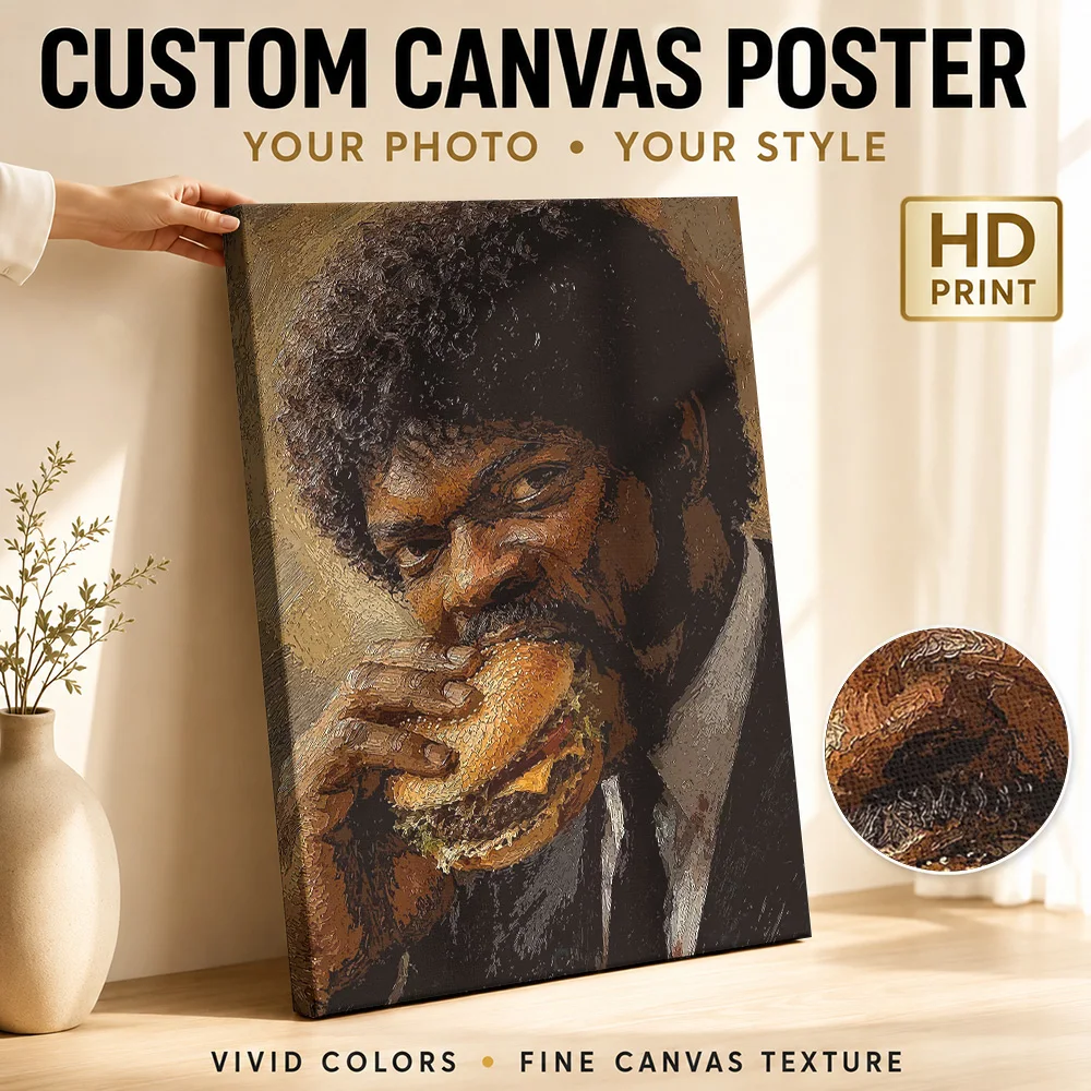 Samuel L. Jackson Eating A Burger Canvas Poster Customized Photo Expressive Brushwork Wall Art For Dining Room, Home Cook Gift