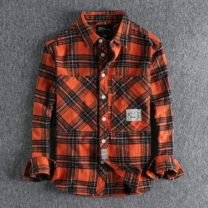 Winter Thick Washed Brushed Fabric Men\'s Plaid Long Sleeve Shirt Jacket American Workwear Big Pocket Fashion Youth Man Shirt