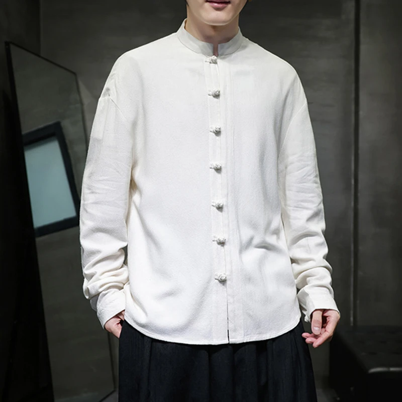

Men Long Sleeve Casual Shirt New Arrival 2026 Spring Chinese Style Vintage Mandarin Collar Loose Male KungFu Tops Shirts N056