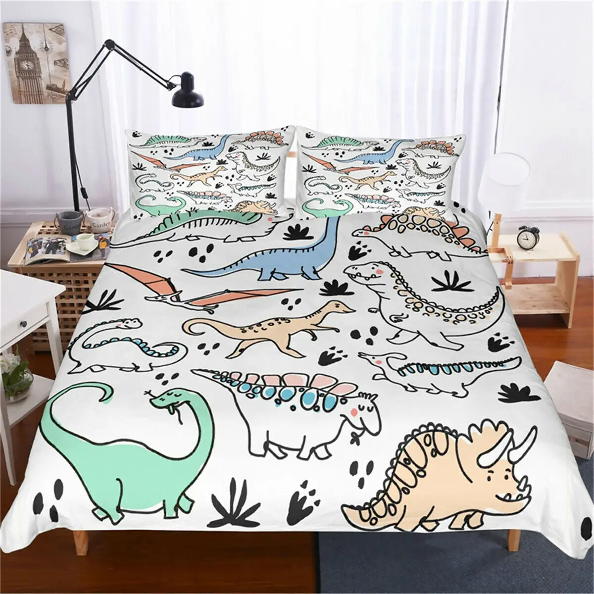 Dinosaur Print Bedding For Full Size Boys Cute Ancient Animal Duvet Cover Hand Drawn Dino Kids Cartoon Comforter Cover