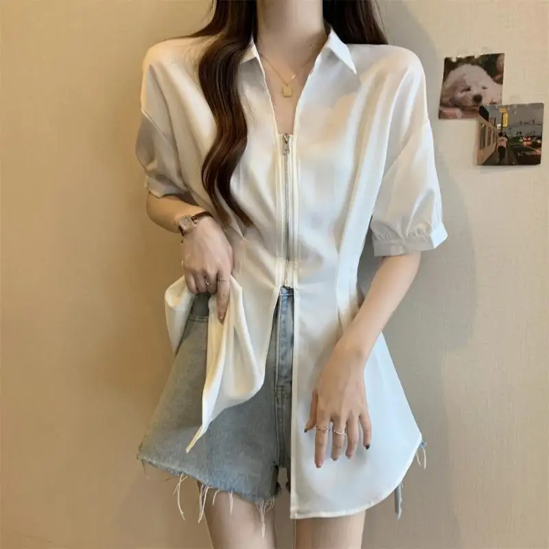 Lapel Collar Fashion Zipper Short Sleeve Women Summer Large Size Corset Age Reduction Temperament Solid Color Loose Casual Tops