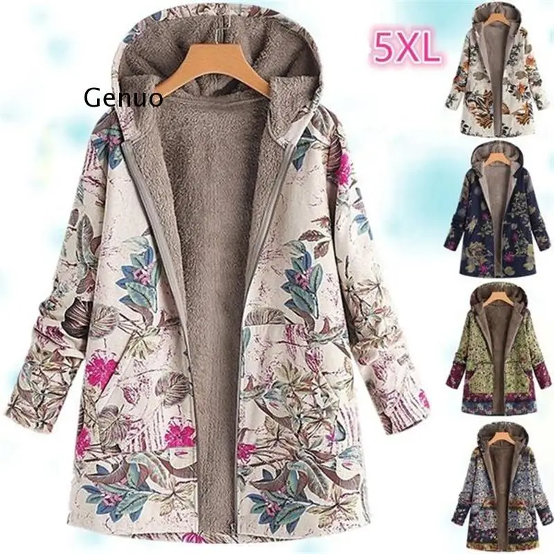 Women Vintage Warm Coats Autumn Winter Casual Printed Fashion Hooded Outwear Plus Size Long Sleeve Zipper Jackets Coats