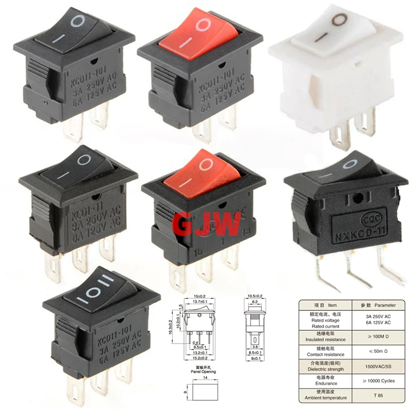 2PCS Push Button Switch 10x15mm SPST 2Pin 3A 250V KCD11 Snap-in on/Off Rocker Switch 10MM*15MM Black Red and White