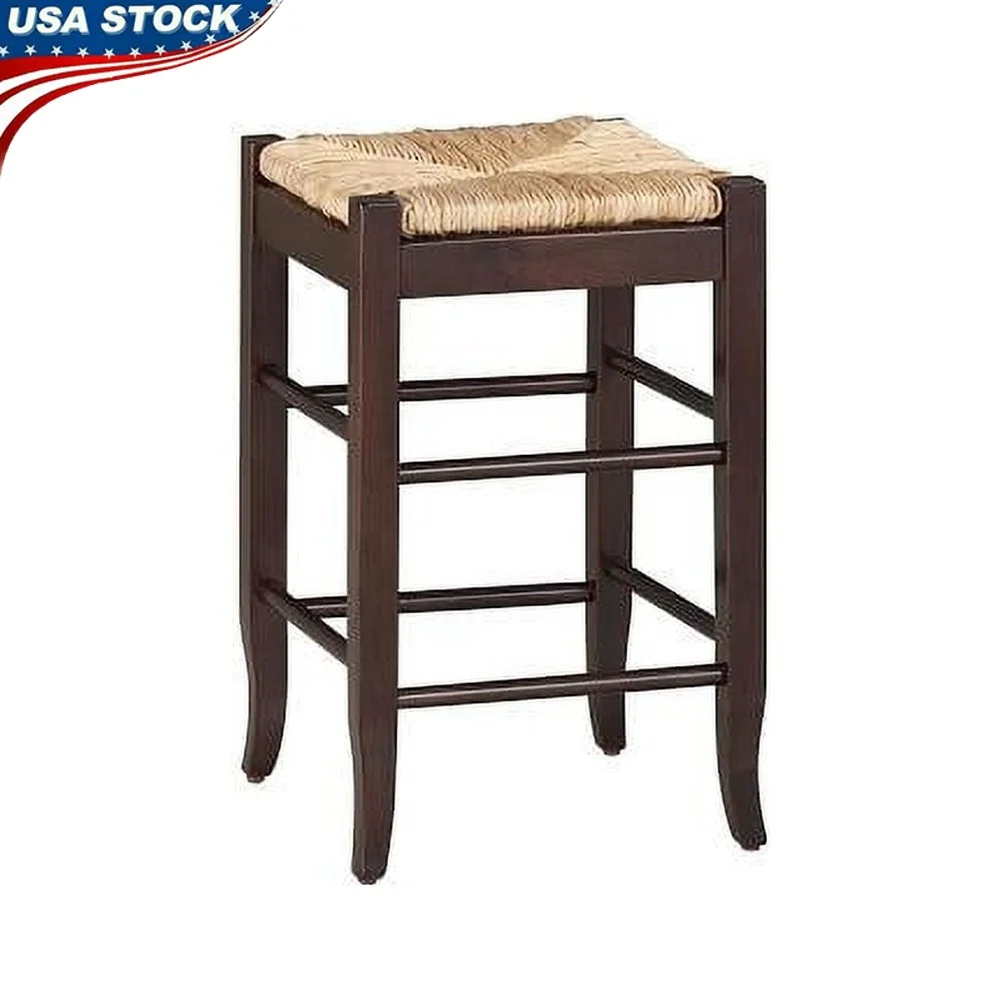 

Elegant Backless Wood Counter Stool with Hand-Woven Rush Seat Kitchen Bar Game Room Solid Hardwood Frame Durable Design
