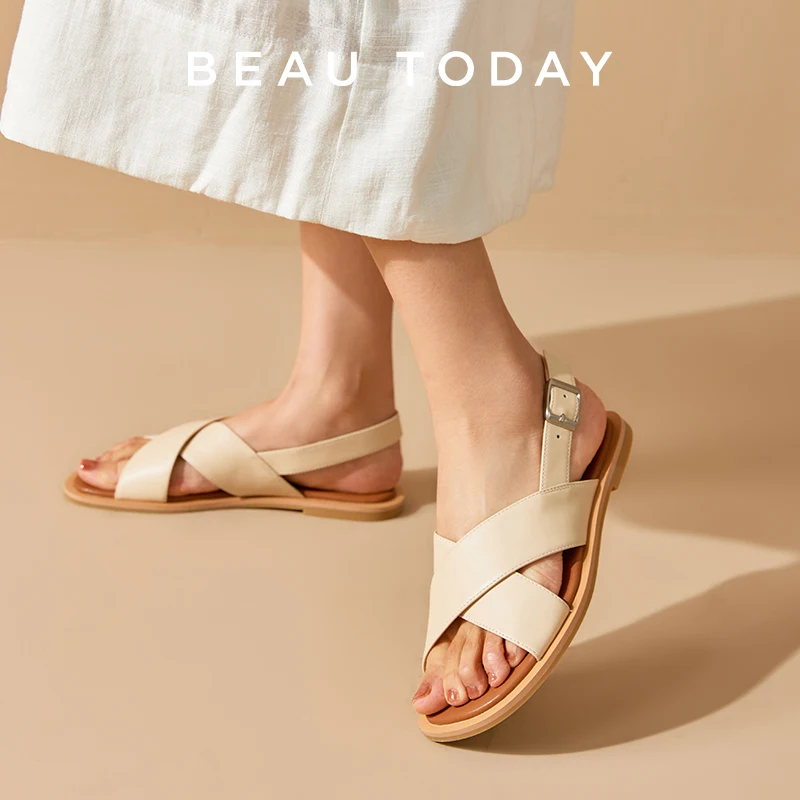 

BEAUTODAY Gladiator Sandals Women Calfskin Leather Solid Color Back Strap Round Toe Casual Ladies Shoes Handmade 32449