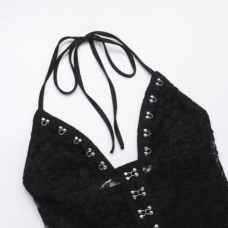 섹시한 레이스 홀터넥 넥 슬림 Bodycon 점프 슈트 여성 우아한 저녁 파티 하이 웨이스트 블랙 플레어 바지 세련된 여름 복장 오버올