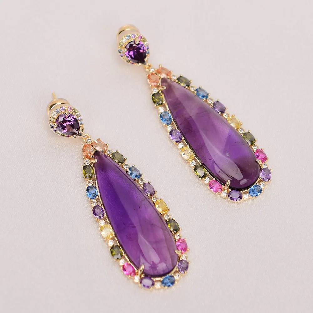 GG Natural Purple Amethyst Quartz Mix Color Crystal Rhinestone Paved Dangle Gold Plated Stud Earrings