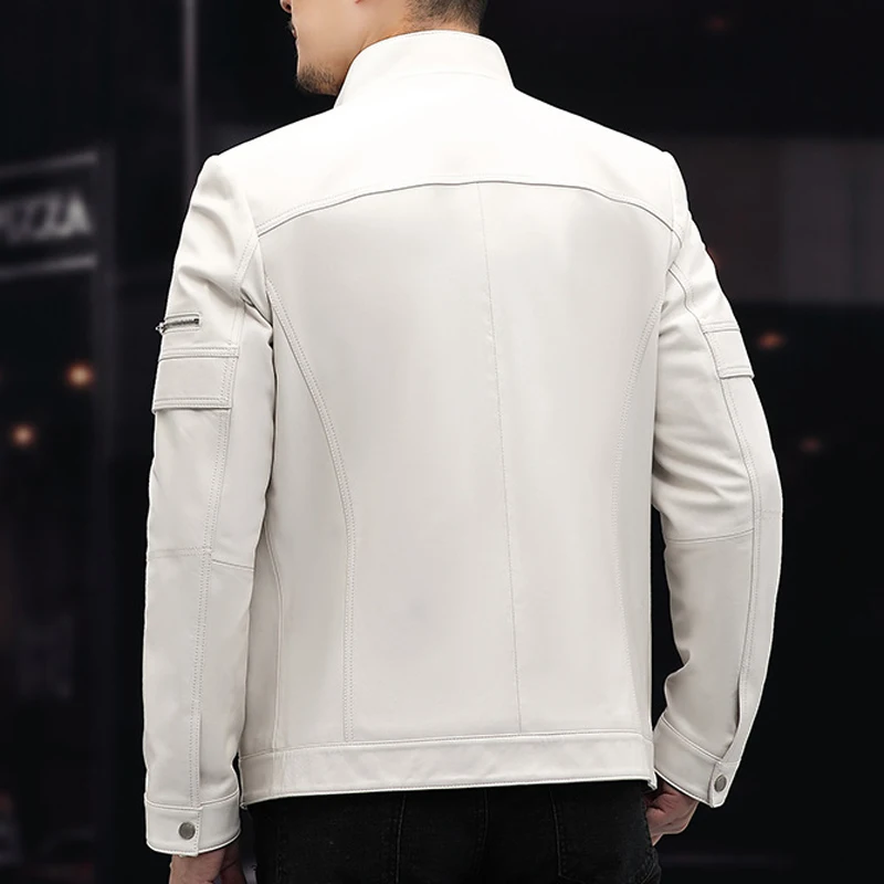 White Leather Jacket For Men 2023 Winter Male Business Simple Standing Collar Short Slim Coat Motorcycle Chaqueta Cuero Hombre