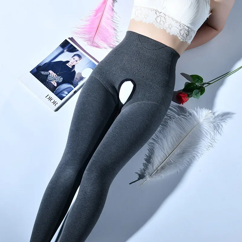 Pantimedias sexis con entrepierna abierta para mujer, mallas de cintura alta para Abdomen, gruesas, cálidas y ajustadas, medias largas de terciopelo para invierno