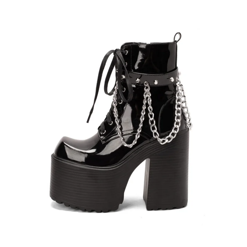 The inside of the zipper Metal chain Lace-up leather ankle Thick Heel shoes esque Round toe Height Increasing