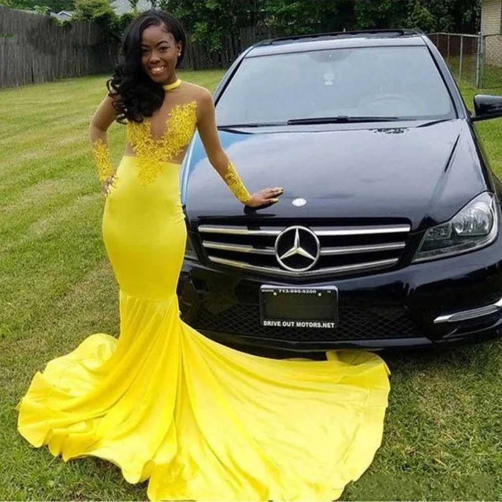 

Elegant Yellow Prom Party Dress O-Neck Tulle Wedding Dress Lace Appliques Formal Evening Dress Mermaid Satin New Cocktial Gown