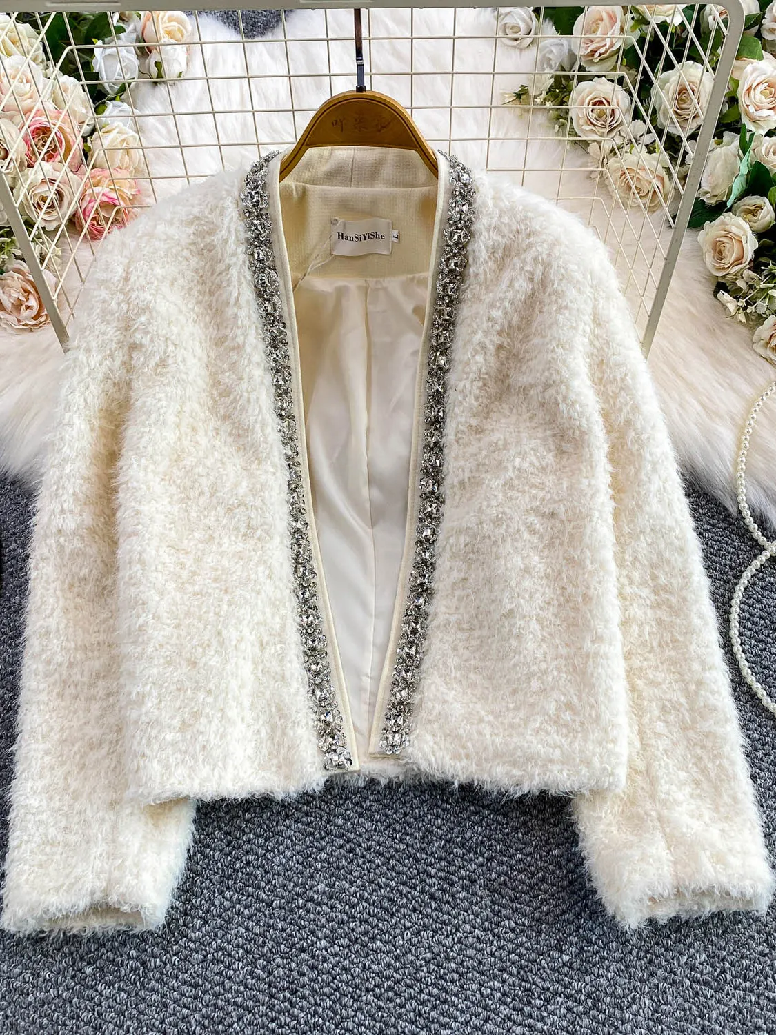 

Ele Heavy Diamond Embellied V-Ne Jaet Women's plus Size Slimming Winter Faion French Sle Loose Fit Long Sve