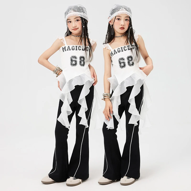 

2025 Children's Jazz Dance Clothes Girls White Ruffled Tops Black Pants Kpop Hip Hop Costume Modern Street Dance Wear BL15946
