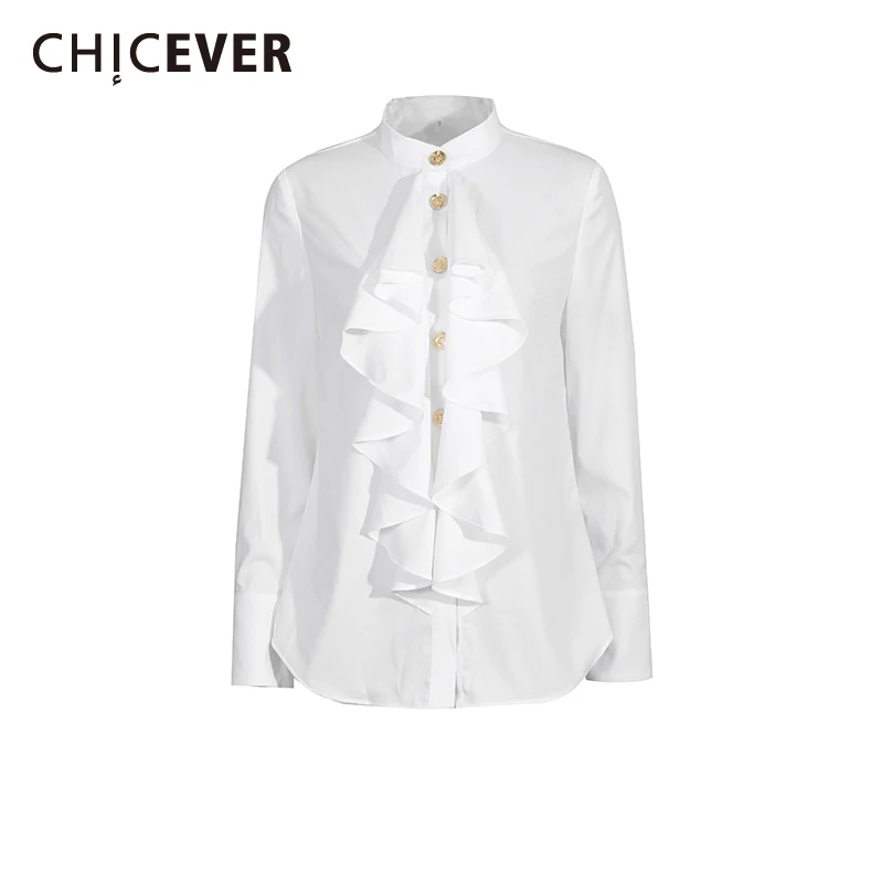 

CHICEVER белая рубашка с грибком, женская рубашка с воротником-стойкой и длинным рукавом, свободные французские элегантные женские рубашки, осенний стиль, модная новинка