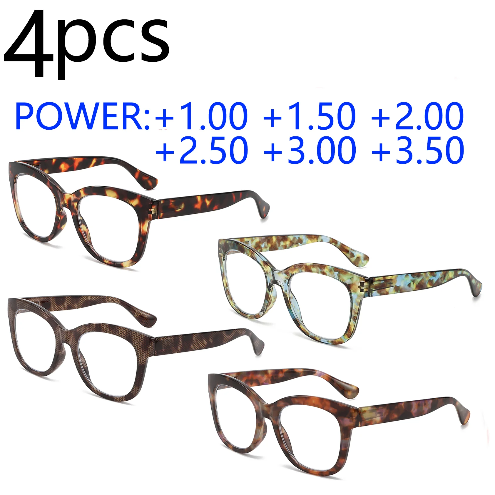 

4PCS Oversized Cat-Eye Blue-Light Blocking Reading Glasses (Assorted Colors) - Stylish, Spring Hinges for Fit & Adaptability