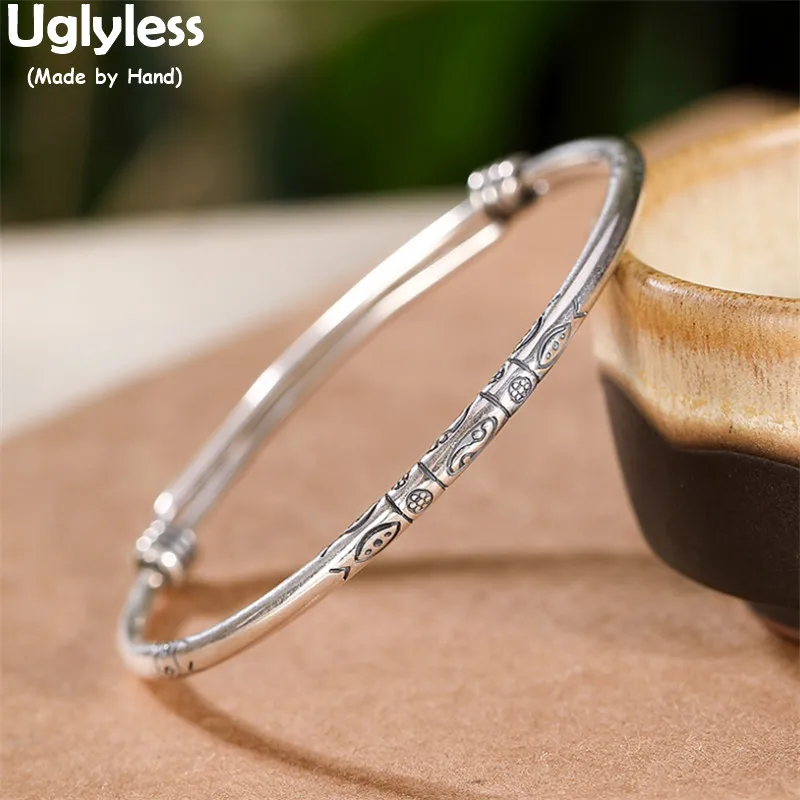 

Uglyless Adjustable Push-pull Glossy Silver Bangles for Women 990 Full Silver Engraved Fishes Ethnic Bangles Vintage Dress Jewel