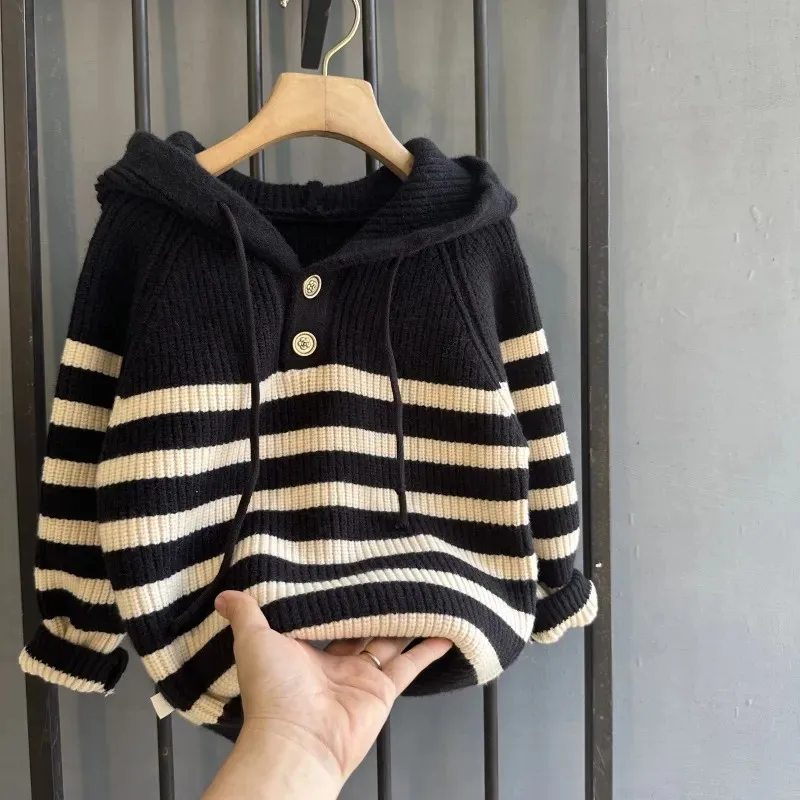 pring and Autumn Children\'s Hooded Pullover Knitwear Winter Children\'s Stripe Thickened Sweater Coat Sweater