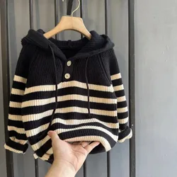 pring and Autumn Children's Hooded Pullover Knitwear Winter Children's Stripe Thickened Sweater Coat Sweater