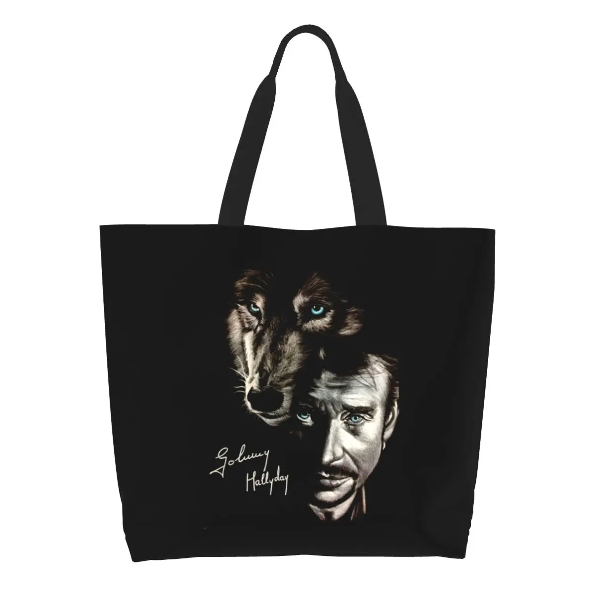 Johnny Hallyday And Wolf Groceries Shopping Tote Bag  France Singer Rock Star Canvas Shoulder Shopper Bag Large Capacity Handbag