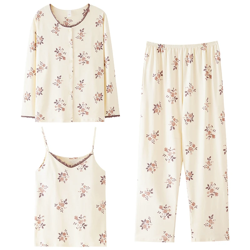 

With Chest Pads Florals Sling Top+Long Sleeve Cardigan Tops+Long Pants 3Pieces Pajamas Set Female Cotton Sleepwear Pijamas Mujer