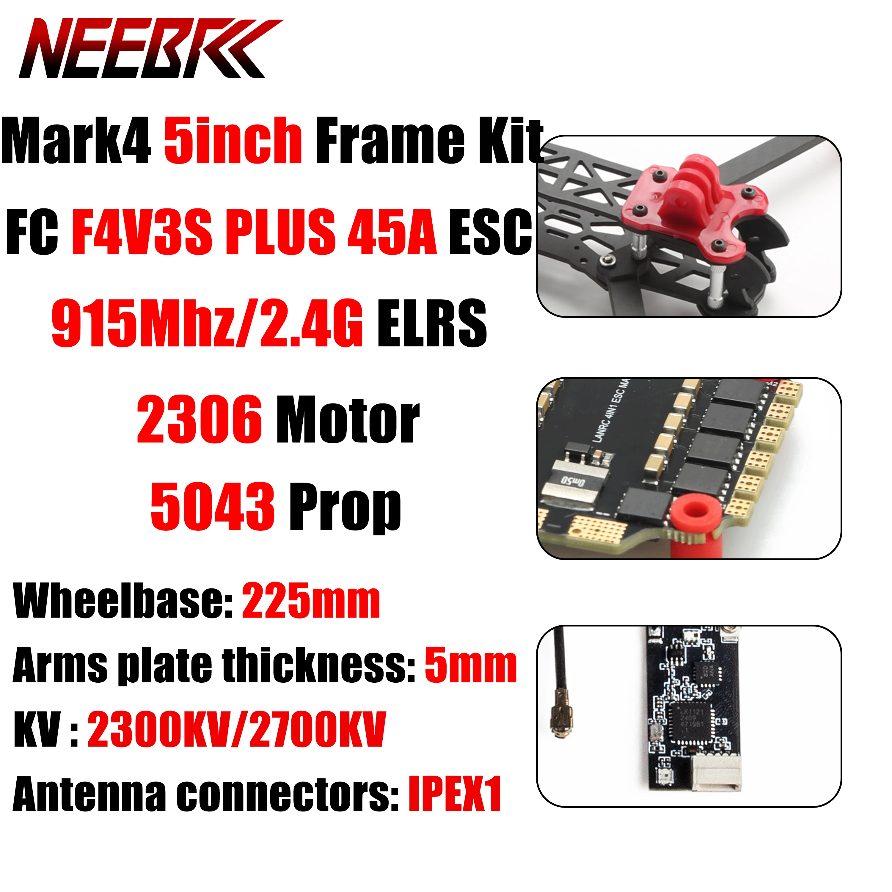 

Mark4 5inch Frame Kit FC F4V3S PLUS 45A ESC Stack 2306 Motor 915Mhz/2.4G ELRS 5043 Prop Print Part for RC FPV Drone Racing DIY