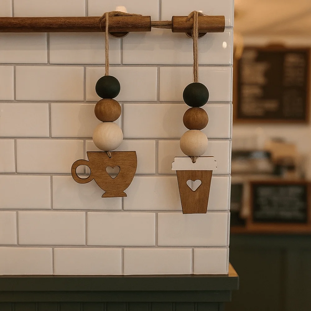 

2Pcs Wall Decoration Wooden Coffee Cup Doorplate Decorative Handmade Coffee Shop Signage Vintage Door Pendant Home