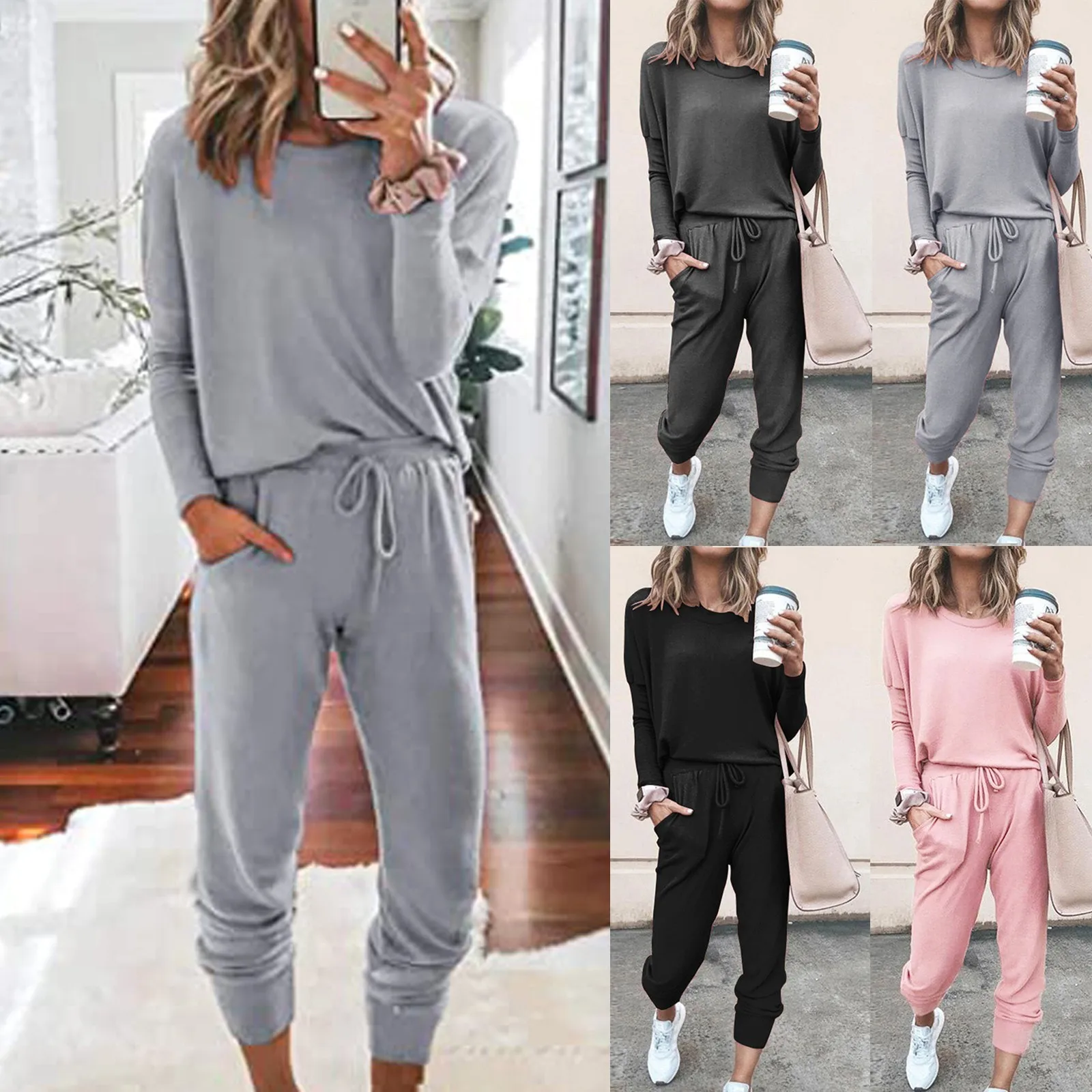 Women Solid Color Long Sleeve O Neck Blouse Top Drawstring Pants Sport Tracksuit Sports Shirts Spring Autumn Set Tracksuit Wome