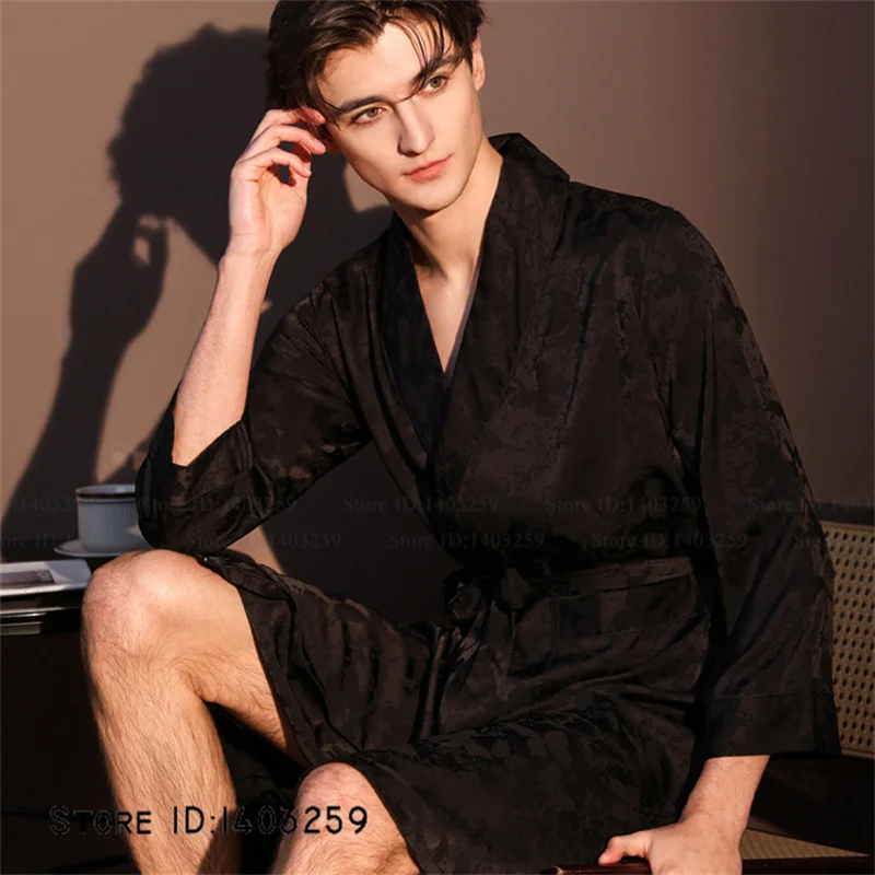 Luxury Men Robe Kimono Bathrobe Gown Silky Satin Jacquard Sleepwear Home Clothes Loose Casual Male Pajama Loungewear Lingerie