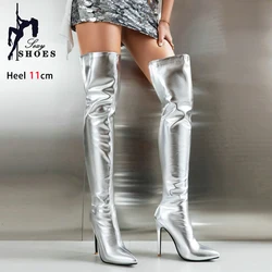 Silvery Thigh Boots Women Sexy Pointy Winter Stiletto High Heels 11CM Over The Knee Long Boots Party Dance Club Nightclub Shoes