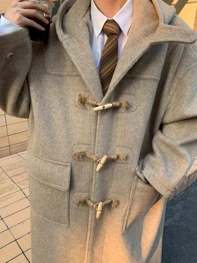 Preppy Style Winter Mens Loose Fit Long Hooded Woolen Trench Coat Casual Horn Button Oversized Overcoat Thick Warm Windbreaker