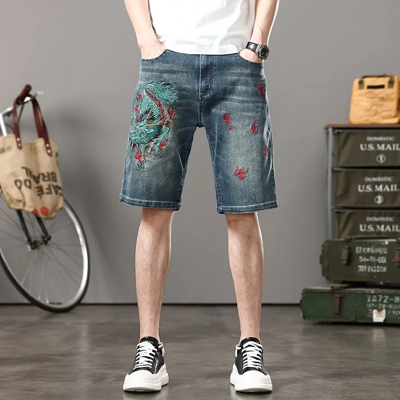 New Men'S Embroidered Denim Shorts Retro Straight Tube Loose Fit Large Size Trendy Brand Washed Versatile Casual Blue Jeans