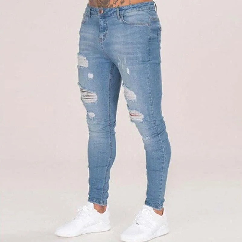 2024 Lente Herfst Dagelijkse Casual Jeans Gescheurde Effen Kleur Strakke Stretch Broek Fietsen Mannen Sport Jeans Street Fashion Heren Kleding