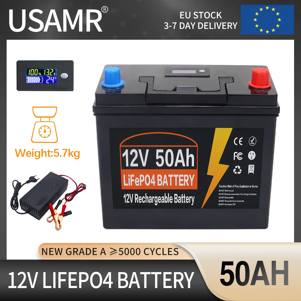 12V LiFePO4 Battery 600Ah 500Ah 300Ah 200Ah 100Ah Built-in BMS Lithium Iron Phosphate Cell For Golf Cart Solar Storage + Charger