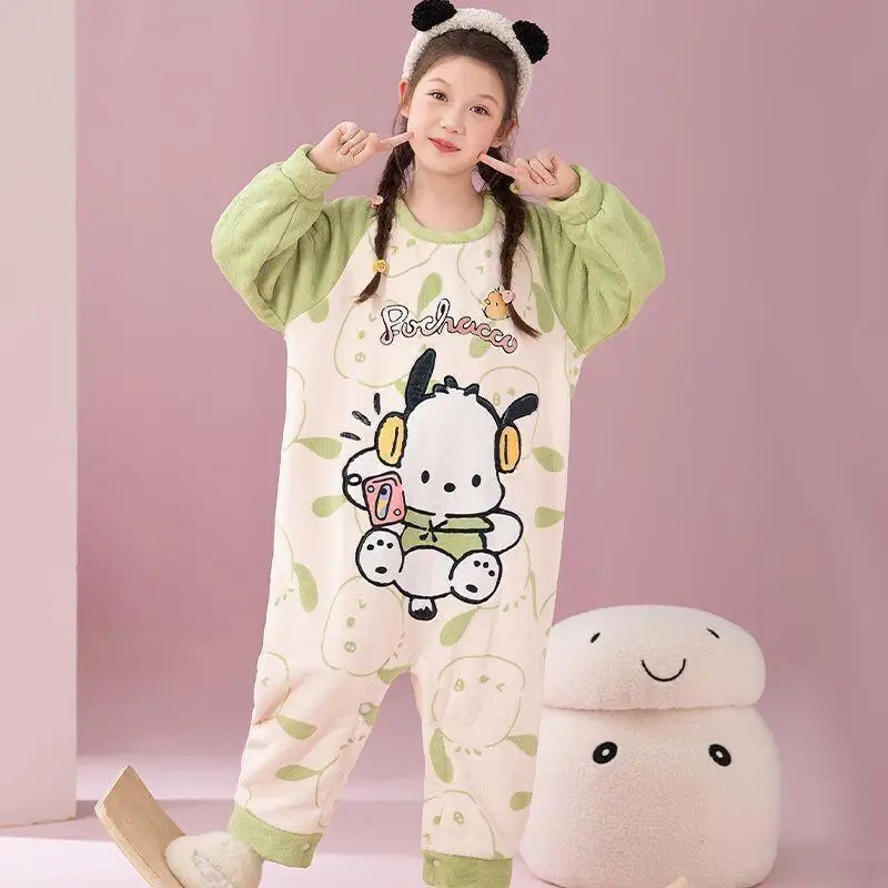 

Sanrio Kuromi Cinnamoroll Pochacco, весенне-зимние пижамы для девочек, фланелевая хлопковая ночная рубашка, кавайная одежда для дома, детские цельные пижамы