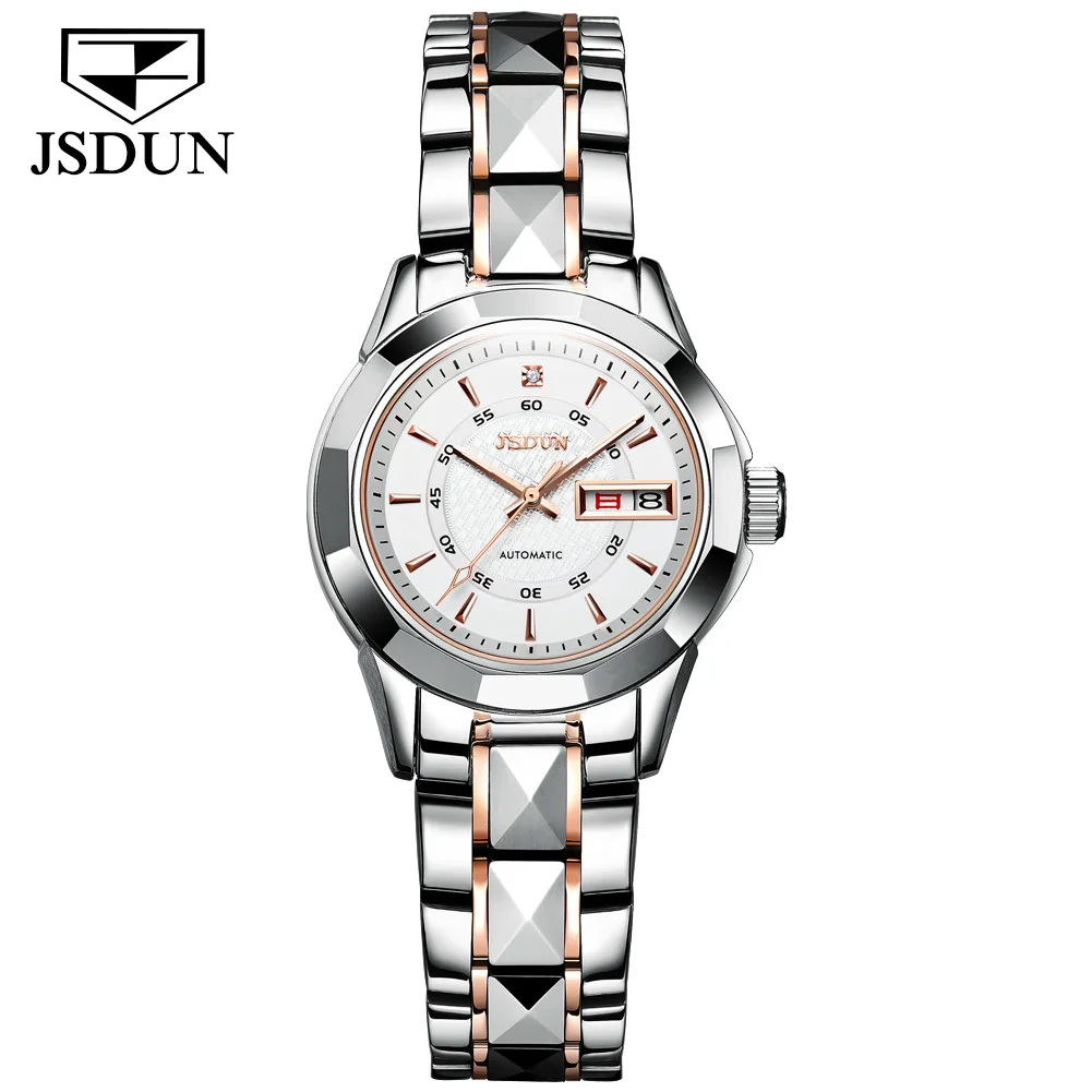 JSDUN 8014 Automatic Mechanical Watch For Women Dual Calendar Tungsten Steel Strap Hand Clock Luxury Elegant Women\'s Watches