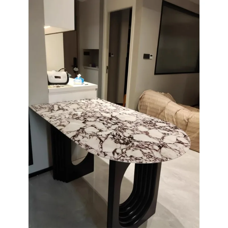 

French retro cream style natural marble Bulgari semi-round island integrated dining table light luxury household small apartment
