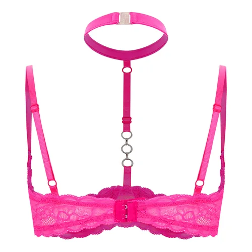 Imagen 2 del producto Sujetador con aros de 1/4 tazas para mujer, cuello Halter, anillo redondo transparente de encaje, sostén push-up, lencería Sexy, sujetadores abiertos en el pecho, ropa interior