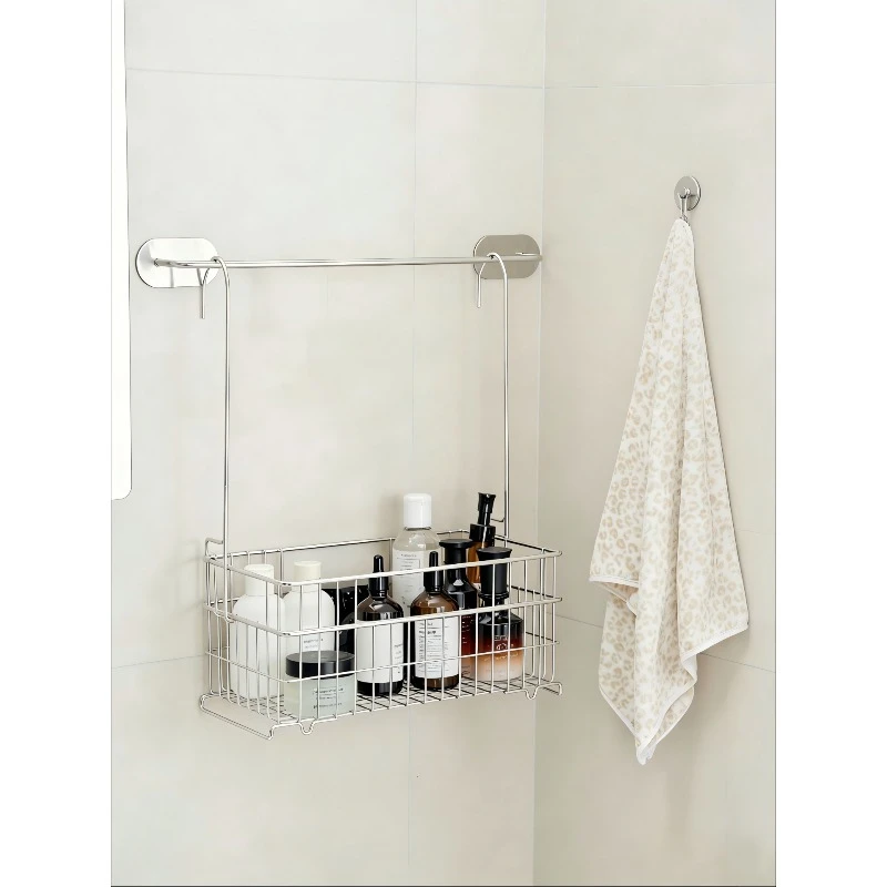Stainless steel wall-mounted storage basket, bathroom rack, non-punching high-value storage basket