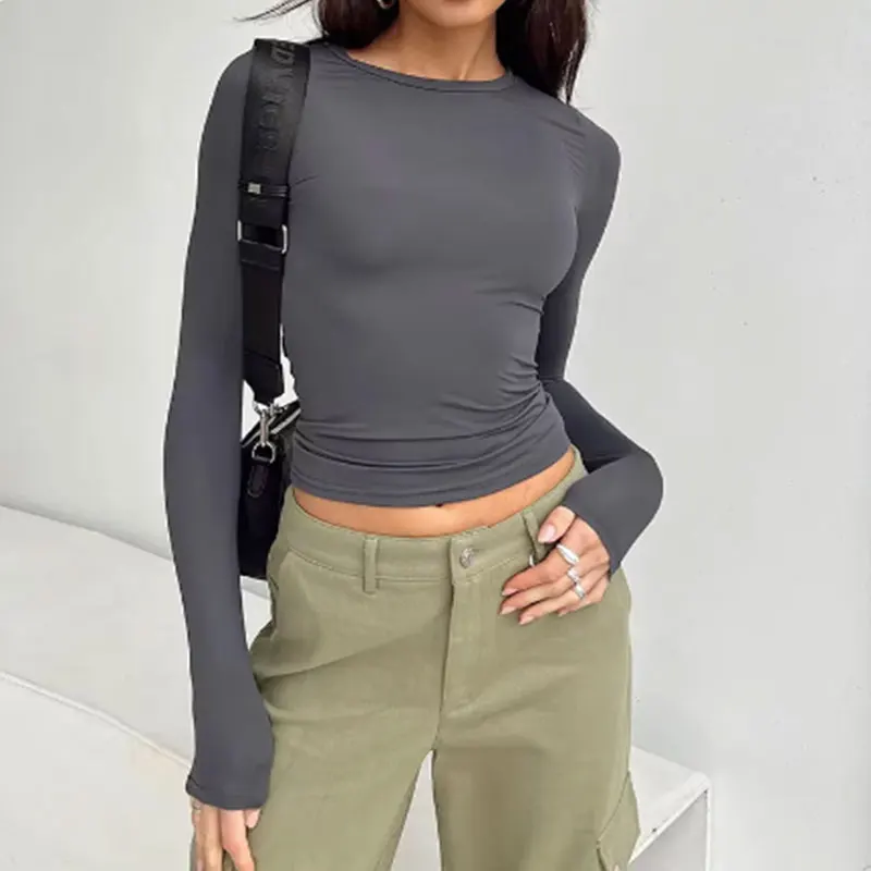 Sexy Slim Long Sleeve Women T Shirt Spring Fashion Solid All Match Female Crop Tees Y2K Korean Streetwear Basic Temperament Tops