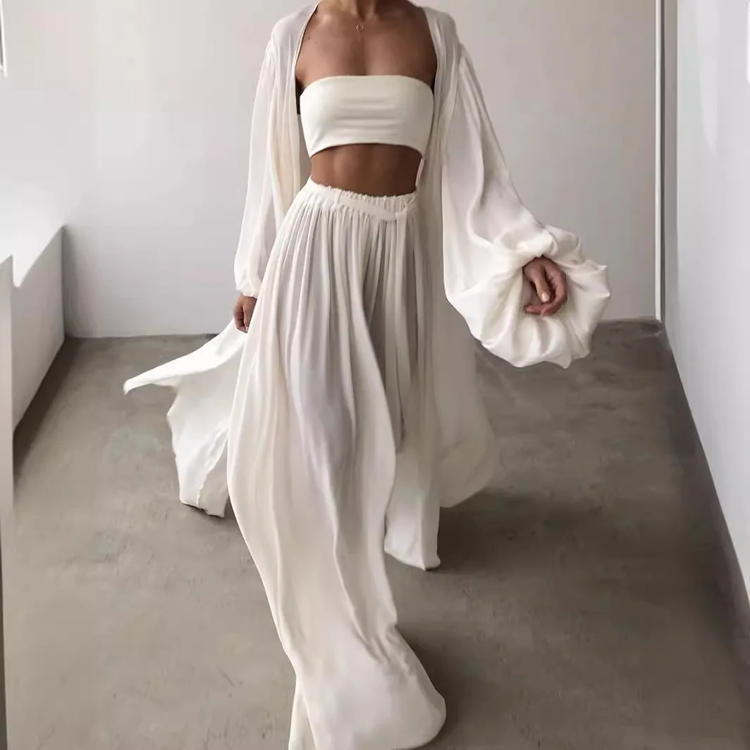 Women 3 Piece Sets Homewear Fashion Casual Lantern Sleeve Cardigan Tops+Wide Leg Pants Suits Lady Spring Soft Three Piece Outfit