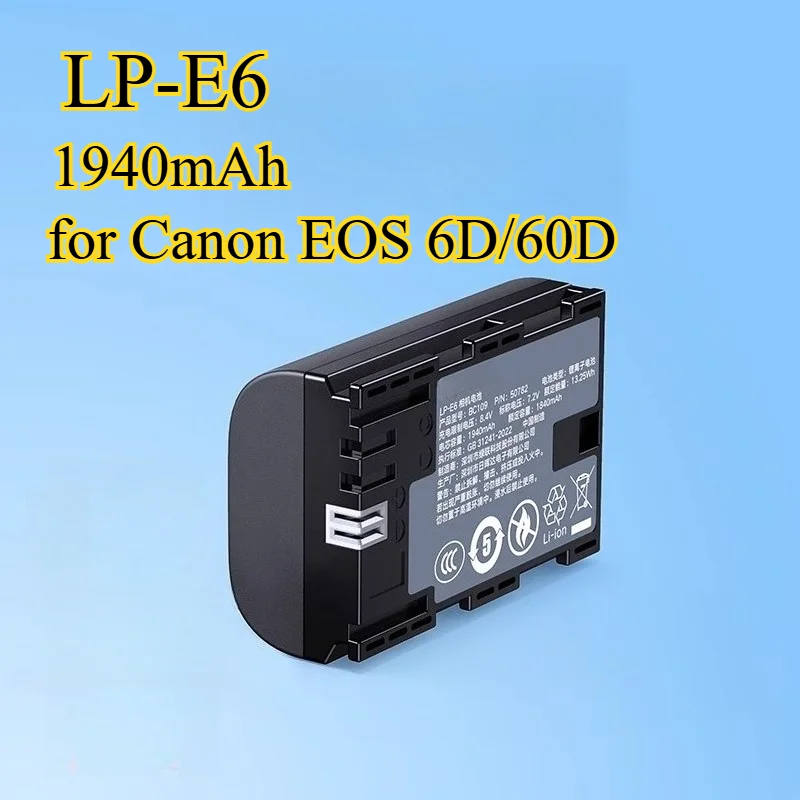 

1940mAh LP-E6 Replacement Battery for Canon EOS 6D/60D/70D/80D/R7/R6/5D3/7D/5D4/90D/5D2 Compatible with E6N Charger Safe