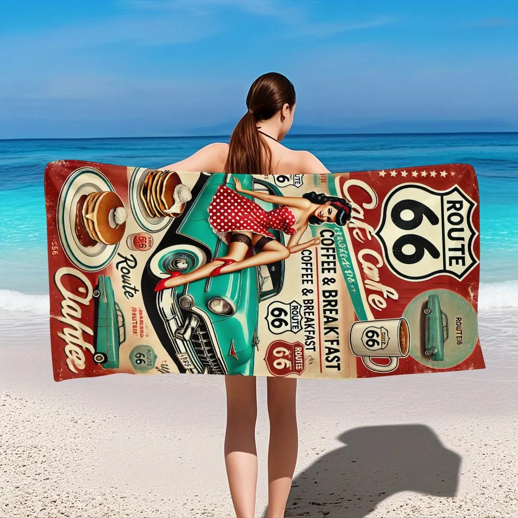 Route 66 Windmill Beach Towel, Classic Car and Coffee Artistic Design Quick-Dry Sand-Free Bath Towel for Beach and Picnic