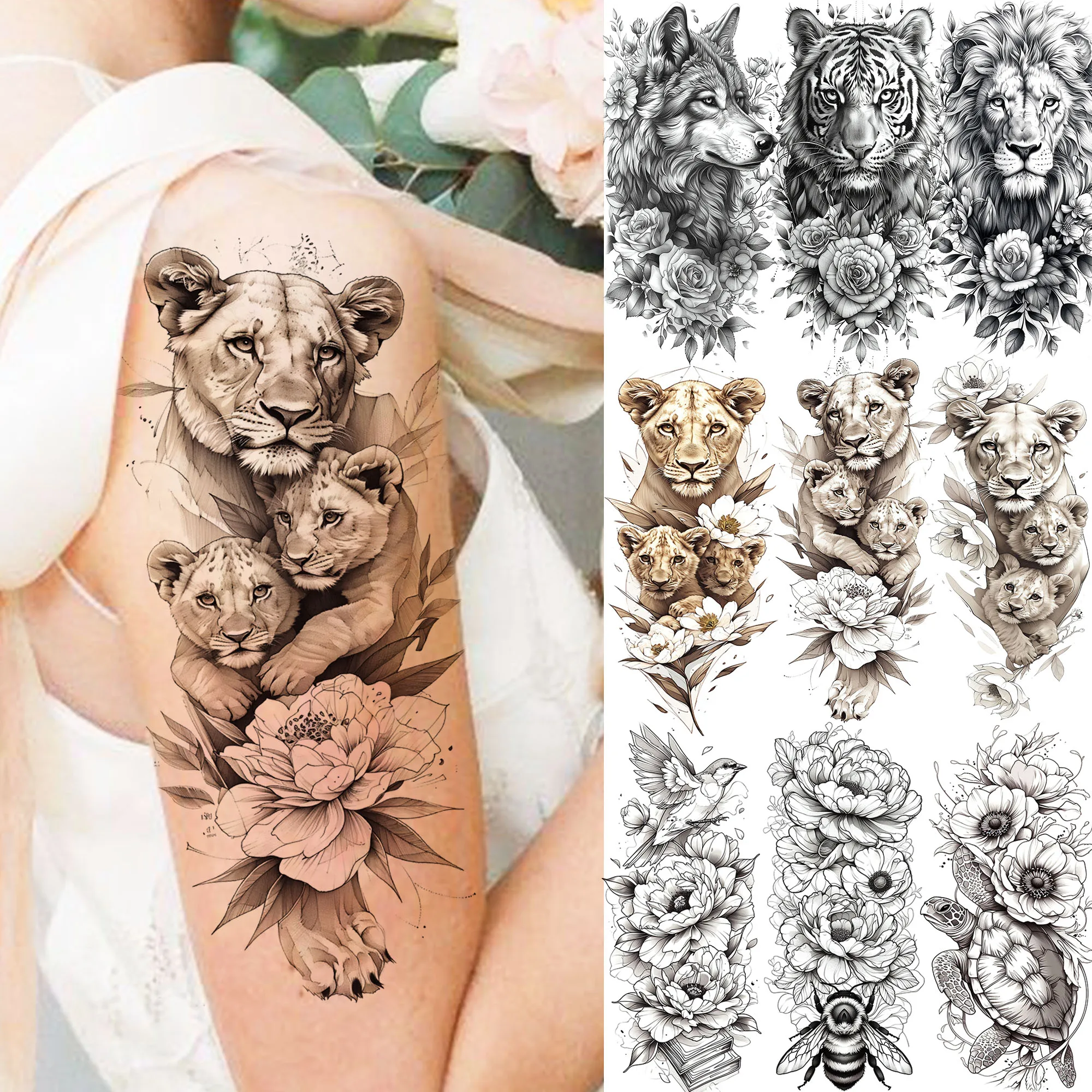 1 Sheet Lion With Baby Temporary Tattoos Family Love Style Tatoos Waterproof Realistic Floral Animals Fake Tattoo Body Stickers