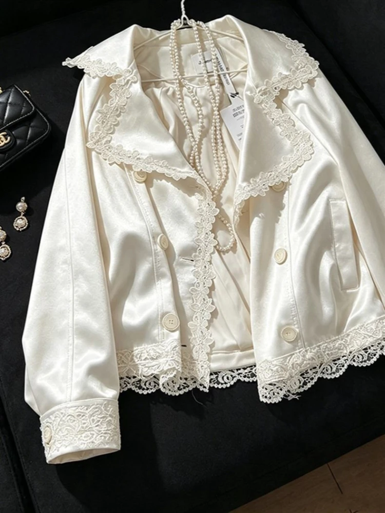 French Elegant Autumn Exquisite Lace Trim Satin Cropped Blazer Jacket Women Loose Fit Slimming Long Sleeve Casual Daily Outfit
