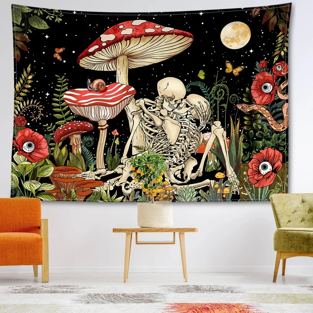 

Mushroom And Skeleton Tapestry Wall Hanging Psychedelic Witchcraft Hippie Abstract Scenery Dormitory Bedroom Home Decor